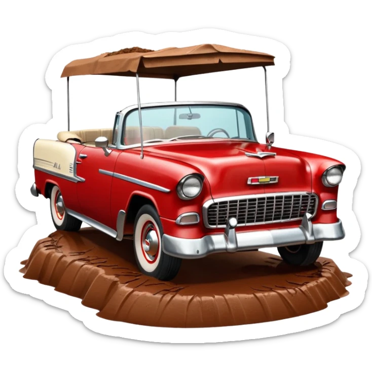 1955 Chevrolet Bel Air Convertible, Red-White color, with a bucket of brown mud pouring down on it, and the car itself is covered in brown mud on the sides that has stuck. 32x32 pixels, aspect ratio: 1:1 sticker