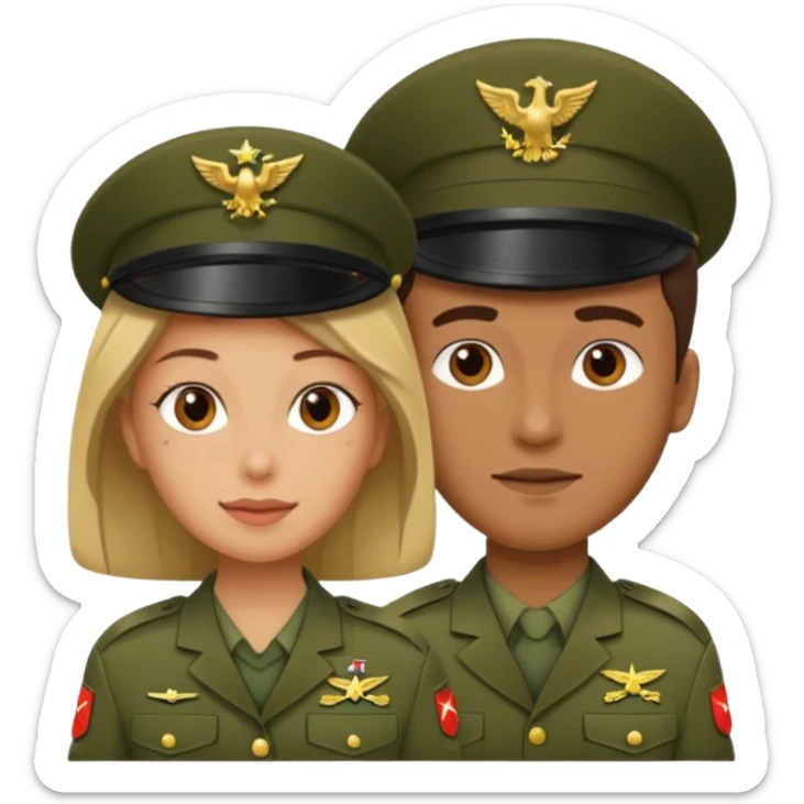 one emoji (female) wearing Army combat uniform and a second emoji (male) wearing the army green service uniform sticker