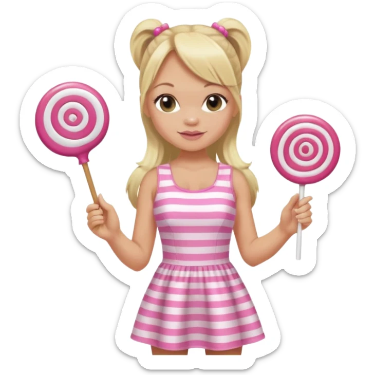 Emma Bunton with long blonde ponytails wearing light pink body dress holding a lollipop sticker
