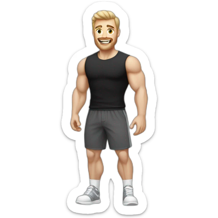 amazed Pale skinned Fit Man With the biceps and dark brown hair in black shirt, gray sports shorts and white Sneakers sticker