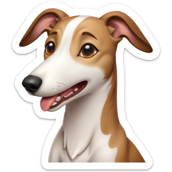 Cinematic Cute Yawning White and Brown Greyhound Portrait Emoji, Head tilted slightly with a dramatic, wide-open yawn, showcasing a pristine white Fur with bold brown markings, floppy ears slightly drooping, round eyes barely open in drowsy contentment, Simplified yet irresistibly adorable features, highly detailed, glowing with a soft, cozy glow, high shine, relaxed yet expressive, stylized with a touch of whimsy, bright and endearing, soft glowing outline, capturing the essence of a sleepy yet affectionate companion, so drowsy it feels like it could stretch out of the screen and curl up for a nap! sticker