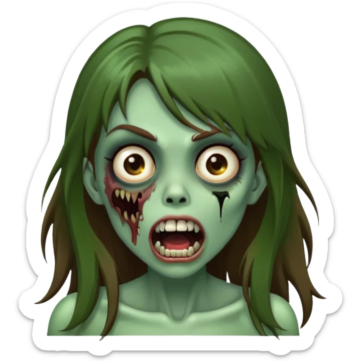 Dark green zombie girl horror with long brown hair side bang mouth open sticker