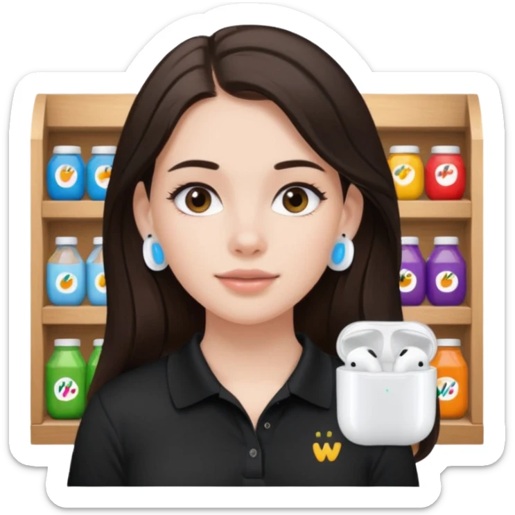 Girl with long dark brown hair with airpods wearing a black wegmans grocery store polo sticker