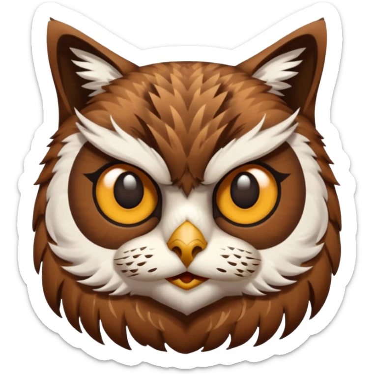 An cats head with a brown on top of the head of the cat the cats head infused with an white owls fulls body with brown wings sticker