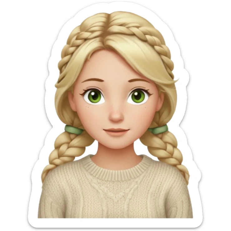 dirty blonde hazel/green eyes woman with a white cable knit sweater and one braid down her back  with tendrils of hair flowing down her face and she is happy pale, some freckles, blush. she has a cateye wing and long lashes sticker