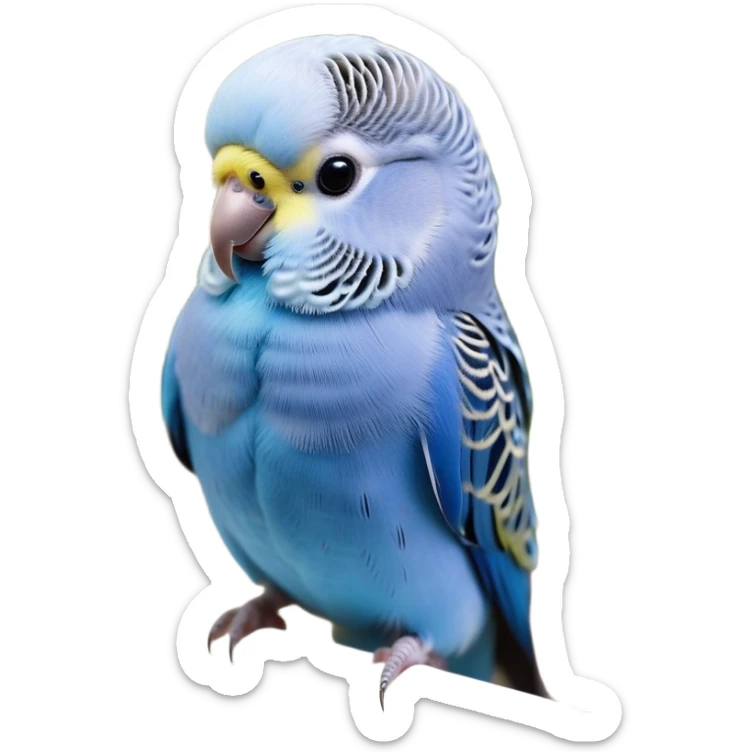 Cinematic Noble Blue Budgie Portrait Emoji, Poised and regal, with a petite, delicate build and a smooth, well-groomed fur of vibrant blue feathers, deep-set soulful dark eyes, Simplified yet sharp and sophisticated features, highly detailed, glowing with a soft, dignified glow, high shine, intelligent and charming, stylized with an air of elegance, focused and attentive, soft glowing outline, capturing the essence of a watchful and confident avian companion, so majestic it feels as though it could flutter out of the screen with effortless authority! sticker