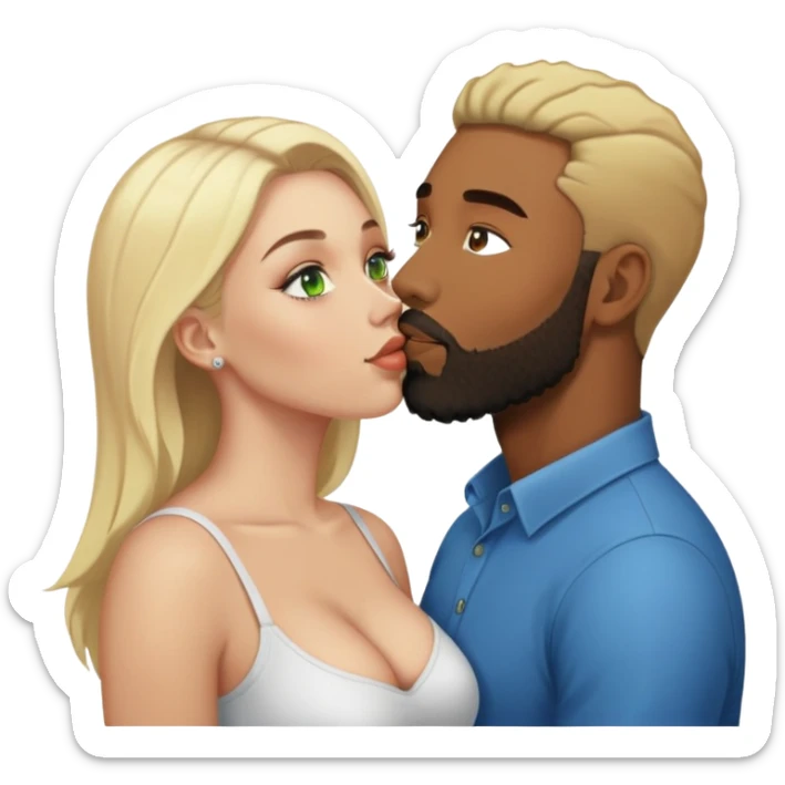 Light skin black man with beard kissing busty white woman with blond hair and green eyes  sticker