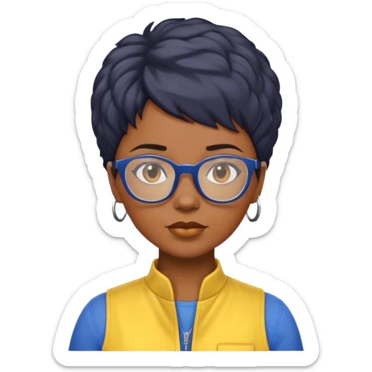 stern Black woman with short textured hair, glasses, wearing blue and yellow jumpsuit, front-facing sticker