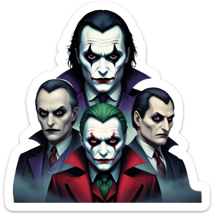 Thriller Movie Icon: A dark, intense collage with close-up images of iconic thriller characters like Joker, Hannibal Lecter, and Vlad Dracula. The background features a moody Gotham City skyline, with shadowy figures and fog. Atmospheric, suspenseful tone. Transparent background. sticker