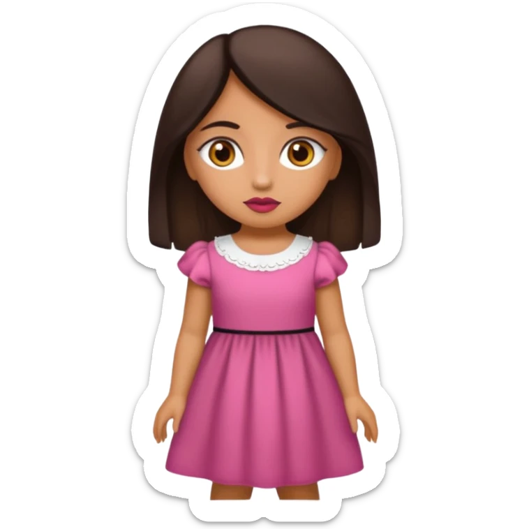 Gordita, ojos pequeños de color cafe oscuro, labios pequeños y rosados, piel trigueña, orejas pequeñas, cabello largo lazio y negro, pequeña. cuerpo completo sticker