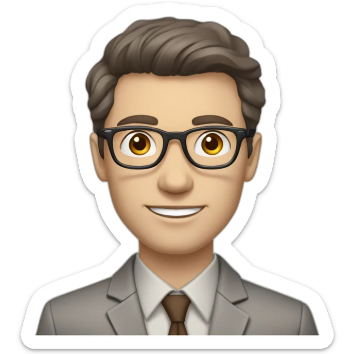 Pale skinned fit man with dark brown hair in gray jacket, beige office shirt, brown tie, brown pants and vintage glasses Writing text on a marker board sticker