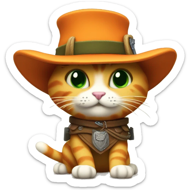 A 3D emoji of Puss in Boots, featuring a small, orange cat with big green eyes, wearing a feathered hat, boots, and a sword. He has a confident, playful expression and strikes a heroic pose.






 sticker