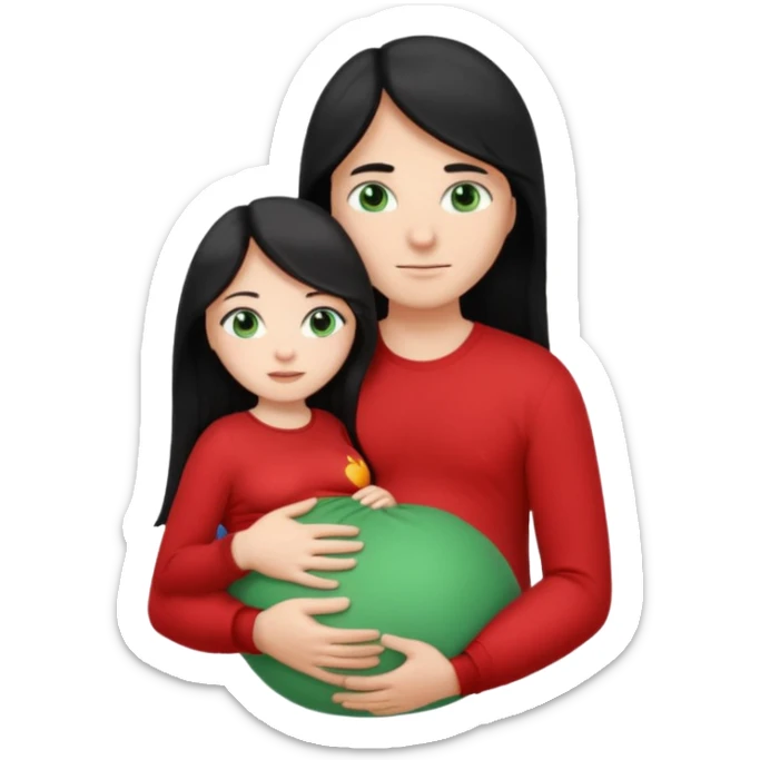 Make a couple emoji they are 18. The girl has long black hair and blue eyes and is hugging a pregnant boy with light brown hair and green eyes they are both wearing red top. They are both white  sticker