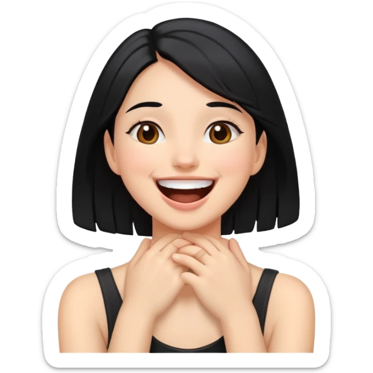 a girl with black hair with brown eyes and she has her hands around her neck while laughing sticker