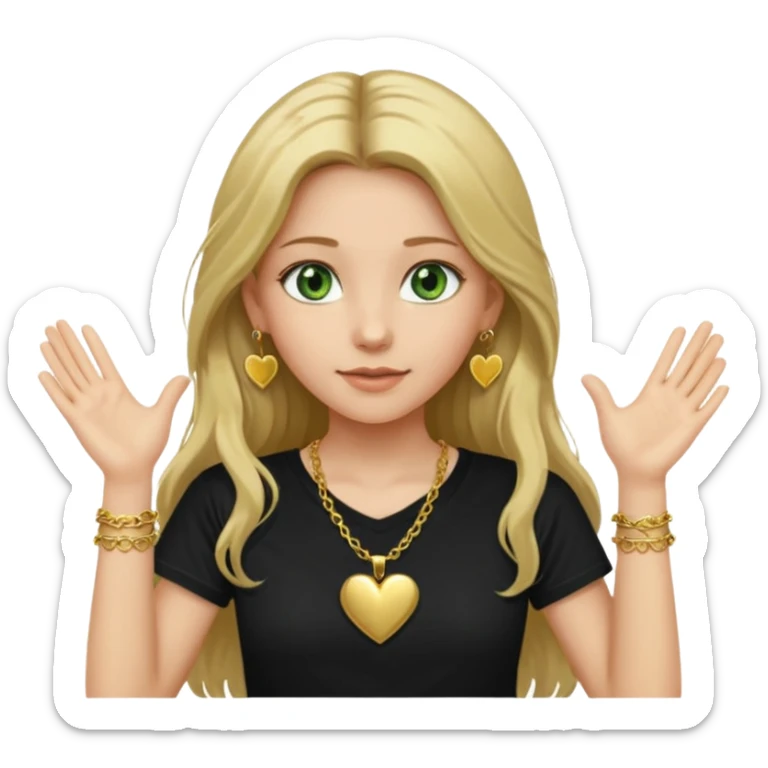 Girl with long dirty blond hair green eyes gold necklace and heart gold earrings holding her hands up and black t shirt  sticker