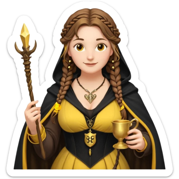 Helga Hufflepuff, brown-haired, 2 long brown braids, yellow-black medieval dress, deep neckline, black cloak decorated with gold braiding, small magic wand made of wood, tiny two-handled shiny yellow-gold cup, very kind smile, curvy busty sweet woman, macromastia, thick round rosy cheeks sticker