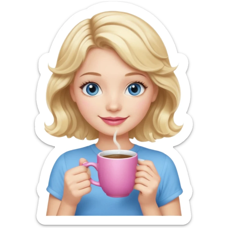 Girl Blonde short wavy hair,  blue eyes, cute blue top, long lashes, pink lips, holding hot white coffee mug sticker