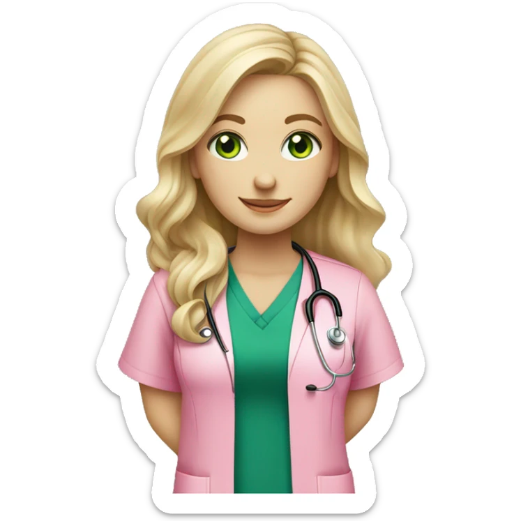 pale blonde girl with long wavy hair and green eyes wearing pink scrubs and stethoscope  sticker