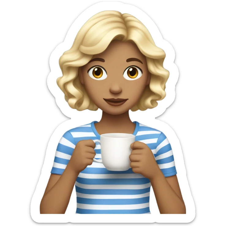 Blond girl with bangs and wavy hair, in her 20s in a striped shirt drinking tea sticker
