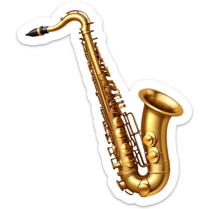 Cinematic Realistic Saxophone, smooth, curving golden brass body, intricate keywork reflecting soft warm light, rich patina adding character, glowing with a jazzy and atmospheric presence. sticker