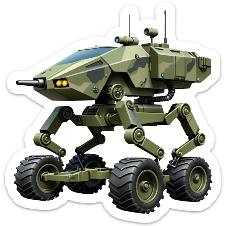 a roomy American 4-wheel armored personnel stealth camouflage army massive mech trail vehicle shooting forward side-hill leaning actively articulating hydraulic independent suspended pod gimbal enemy mech off-road racing rover with large fast engine RC basher crawler megatron  sticker
