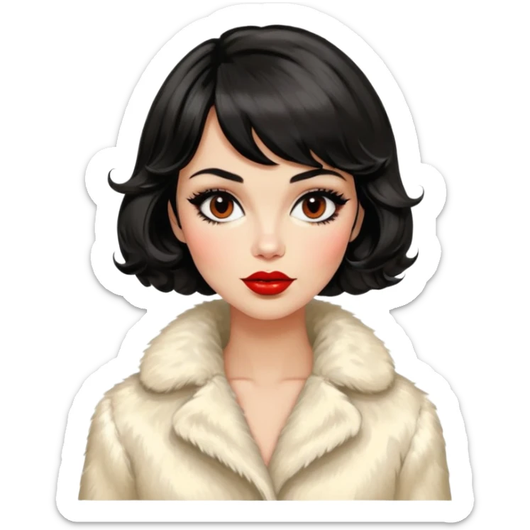 Alluring 1960's mod French girl french shiny black wavy textured bob haircut tousled hair red lips wearing cream fur coat sticker