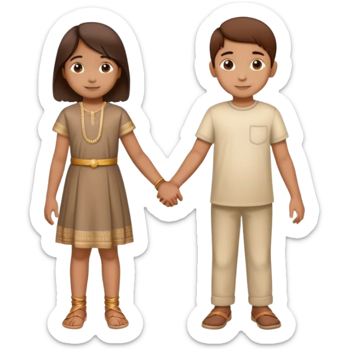 two Indian children (boy and girl) holding hands, boy lighter brown, girl medium brown, both age 5-6, simple background sticker