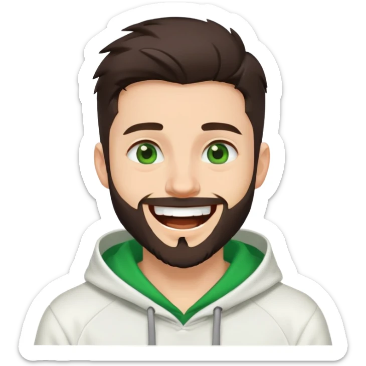 laughing guy with white hoodie, green eyes, dark brown undercut hairstyle and a short full beard sticker