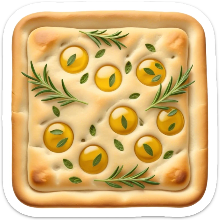 Cinematic Realistic Focaccia Bread Dish Emoji, depicted as a golden, olive oil brushed flatbread sprinkled with herbs rendered with lifelike texture and soft, appetizing lighting. sticker