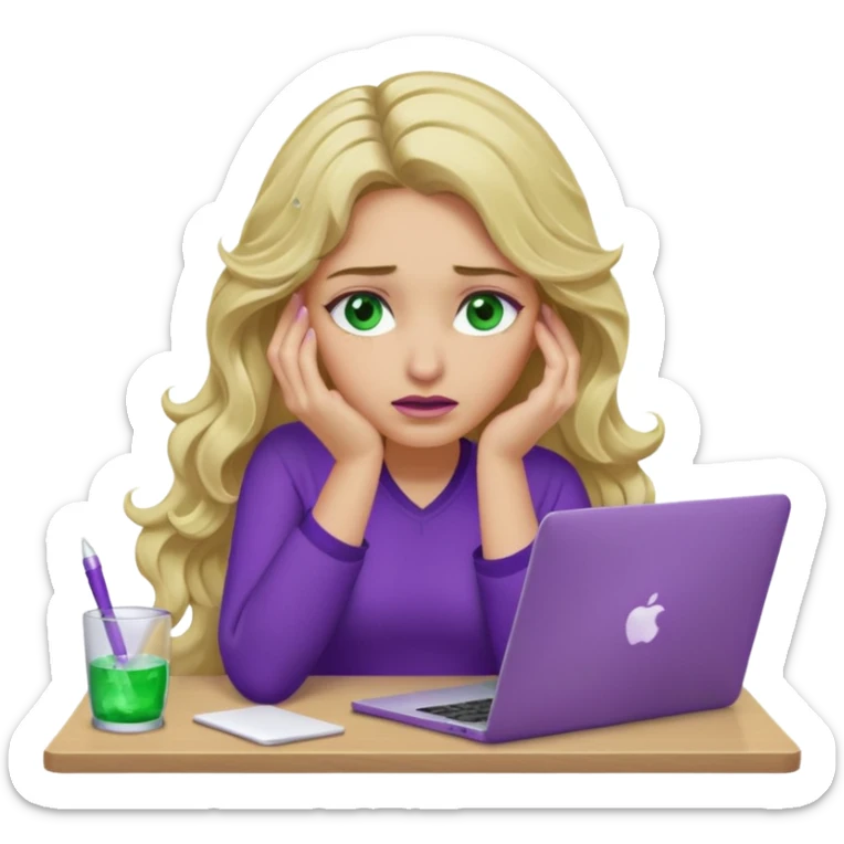 lady with long wavy blonde hair, purple top, green eyes, elbow on desk with hand on face, with a purple mac laptop tears rolling down her face as shes sick. sticker