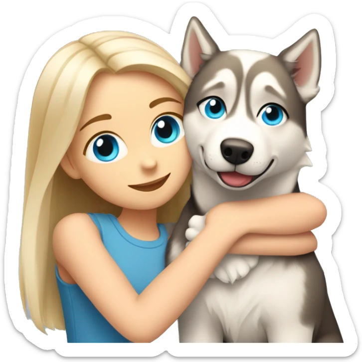 a girl with blue eyes and light-blond hair hugs a husky dog ​​with brown eyes sticker