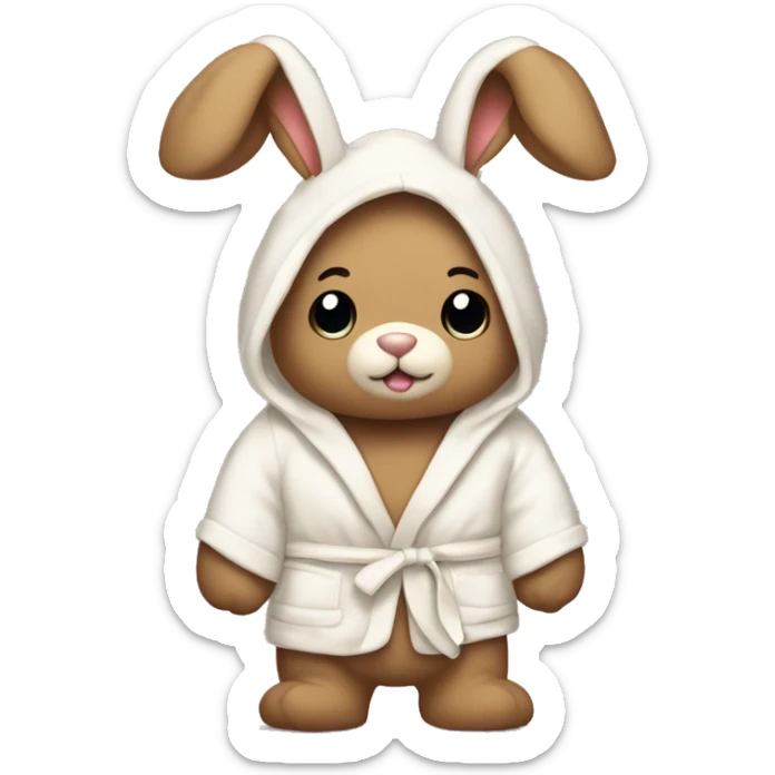 teddy bear that’s wearing a cream bunny dressing gown with the hood up with bunny ears sticker