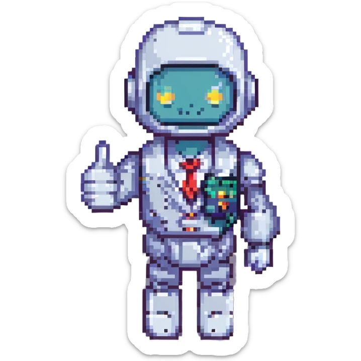 cute recruiter robot giving a thumbs up, business casual, 8-bit pixel art style sticker