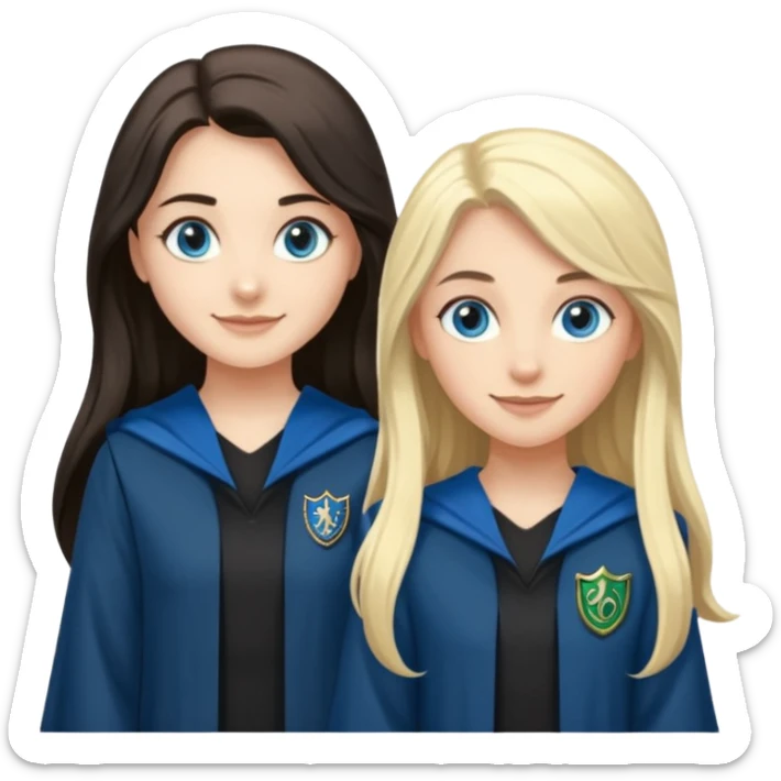 a pretty ravenclaw girl with long dark brown hair and blue eyes standing with a hot Slytherin girl with long blonde hair, blue eyes sticker