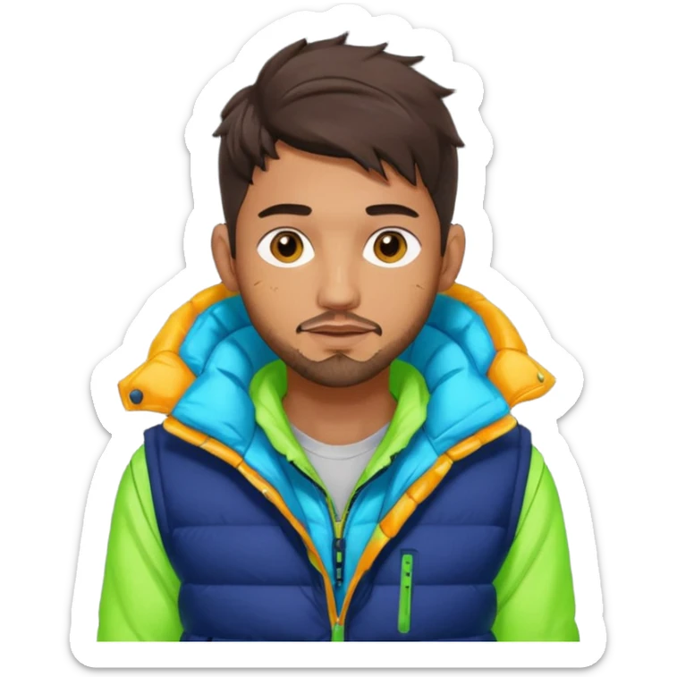 Cyberpunk street adult, hispanic, male, messy undercut, puffer vest over hoodie, glowing earpiece, light stubble, brown eyes, neon reflections sticker