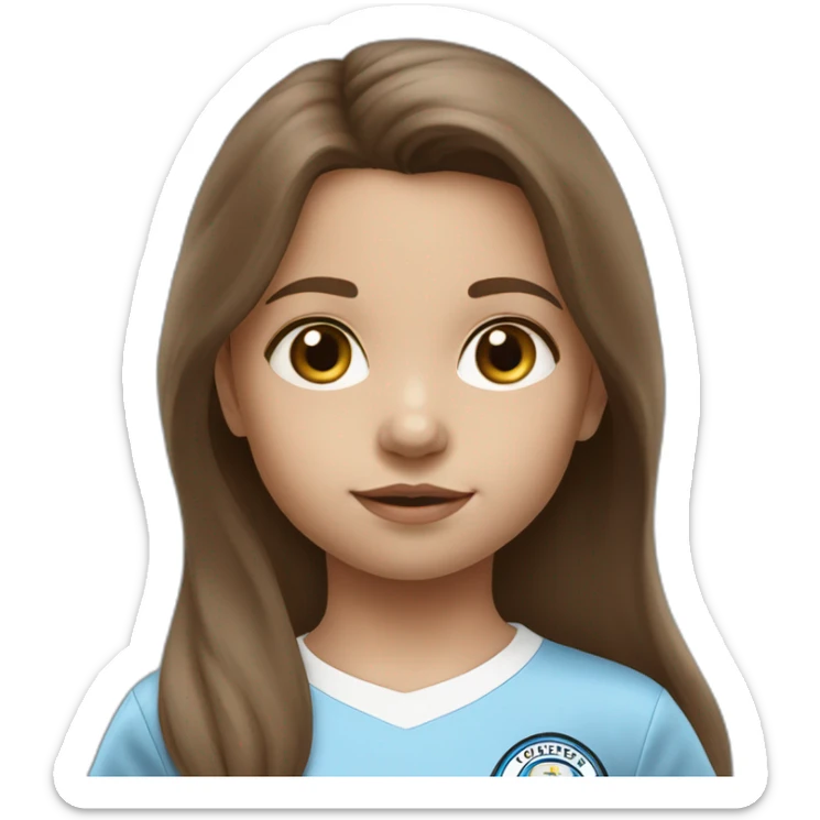 2 year old girl with long brown hair and eyes wearing Manchester City football shirt sticker