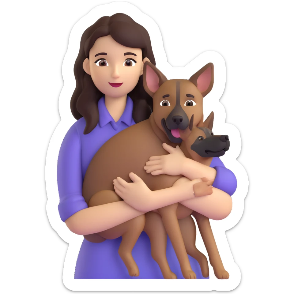 woman with long dark brown hair holding a Malinois dog in her arms sticker