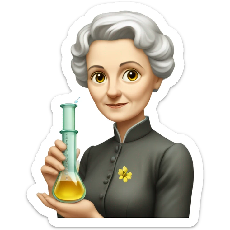 Marie Curie Sklodovskaya holds a test tube in her hands sticker