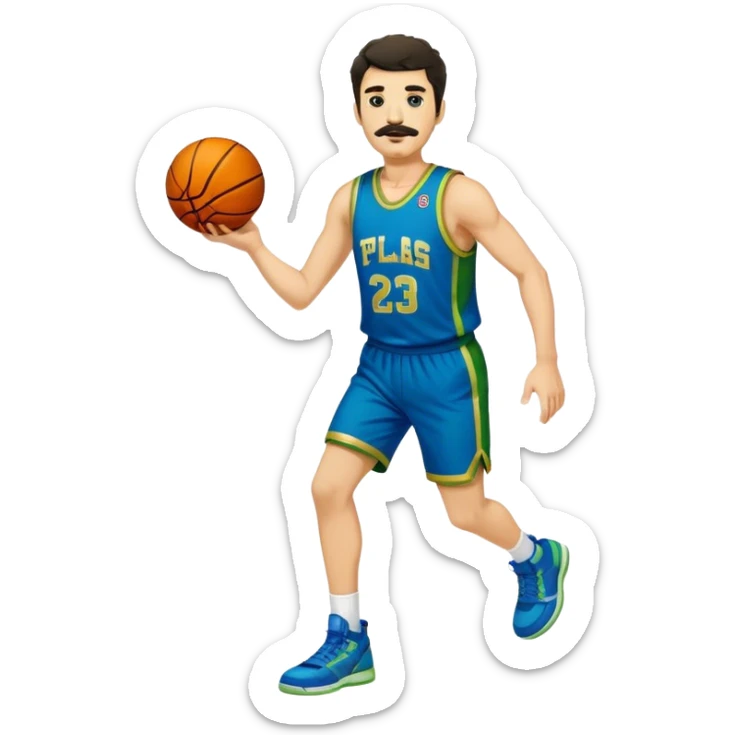 Full Body  white male basketball player with short shaggy dark hair and gold tee mustache wearing blue and green uniform sticker
