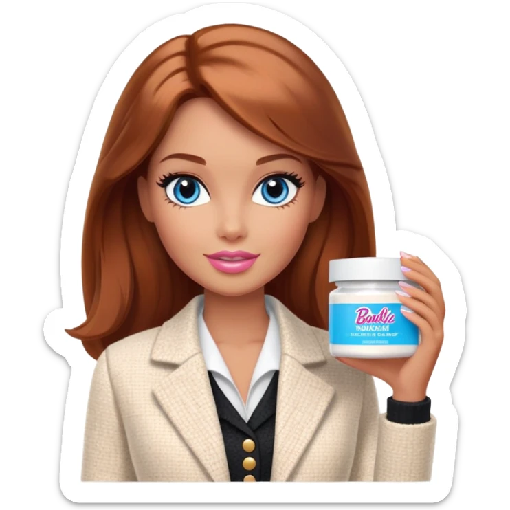A Barbie girl with blue eyes, shoulder-length reddish-brown hair with makeup, wearing a white tweed jacket and a black skirt, holds pale beige body moisturizer cream pot sticker