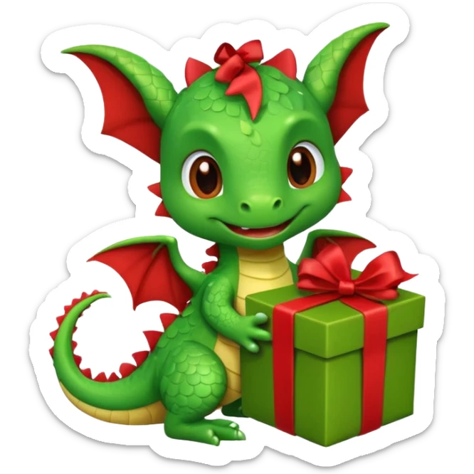 a cute baby dragon is holding a brown carton gift with red ribbon sticker