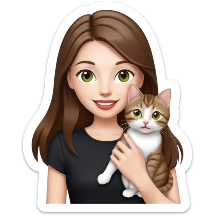 White Woman with VERY long straight brown hair, rosy lips, chartreuse eyes, cute happy big smile holding a white and brown tabby kitten, wearing a black purse sticker