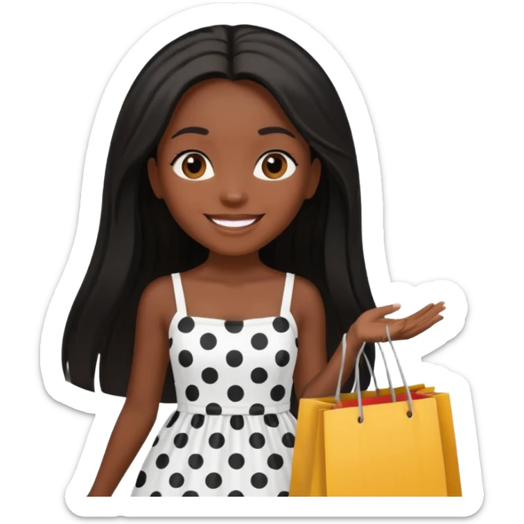 black girl with long straight hair and white dress with black dots holding shopping bags  sticker