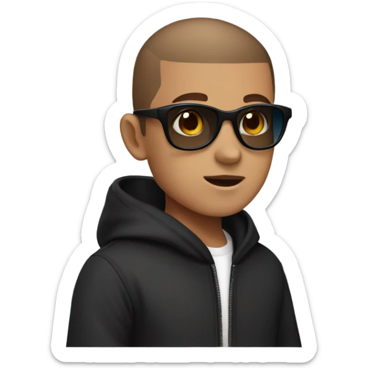 a boy with a buzz cut ,sunglasses  , blue eyes , brown hair and a black hoodie sticker