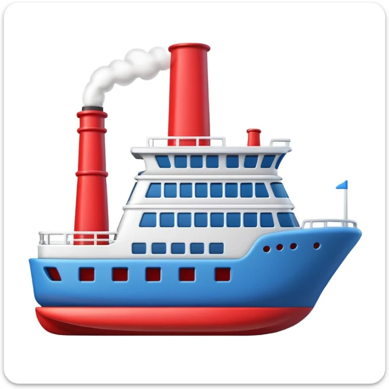 3D Apple-style emoji of a ship with simplified shapes, cartoon-like look, glossy finish, soft shadows, white background, featuring a red smokestack, blue hull, and recognizable windows sticker