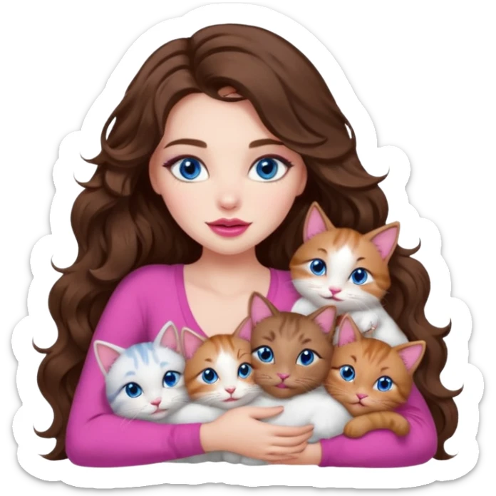 girl with long wavy brown hair, blue eyes, long lashes makeup, sexy pink lips, cuddling with 6 cats sticker