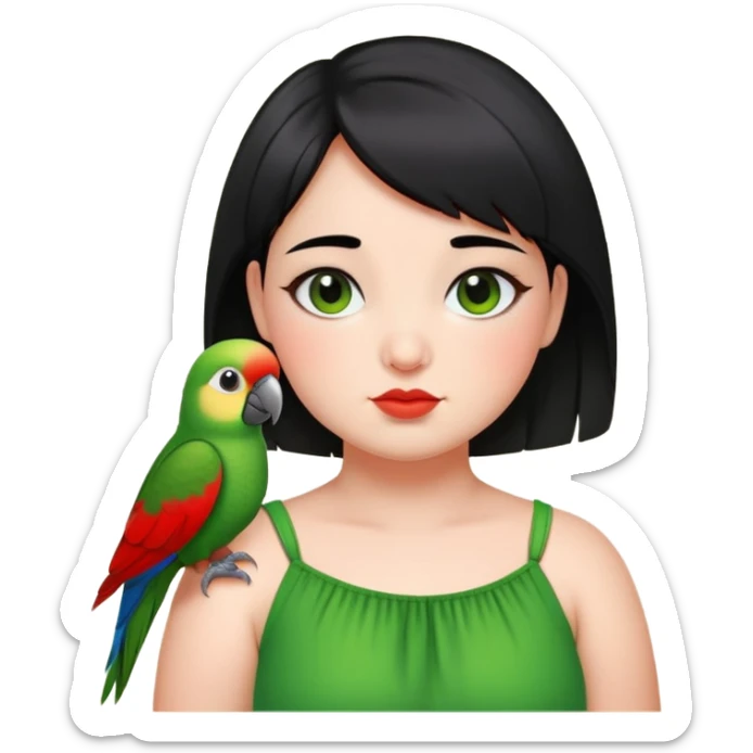 A chubby cheeks girl with short black hair with a green red lip parrot on her shoulder  sticker