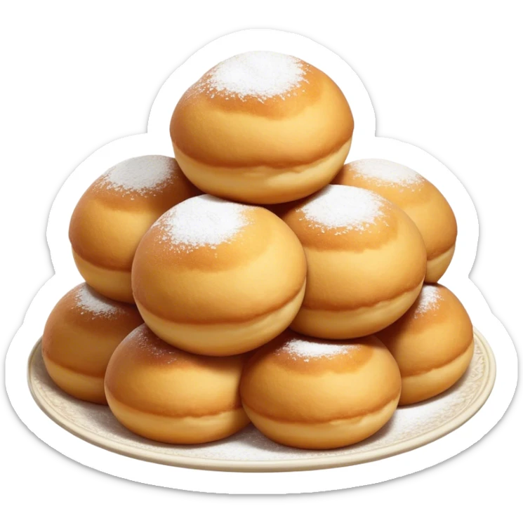 Cinematic Realistic image of simple round buñuelos, depicted with a lightly crisp, golden exterior and soft, airy interior, dusted with a subtle layer of powdered sugar and set against a rustic backdrop with warm, inviting lighting. sticker