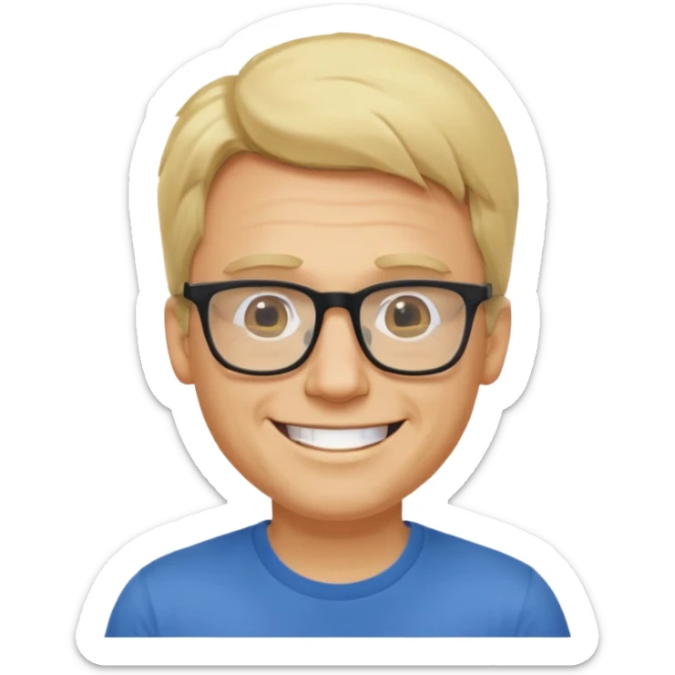 portrait of adult man, wearing a t-shirt, square glasses, grinning face, blond hair sticker