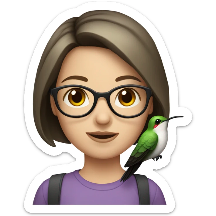 Girl pale , brunette, with short hair, wearing glasses with a hummingbird next to her sticker